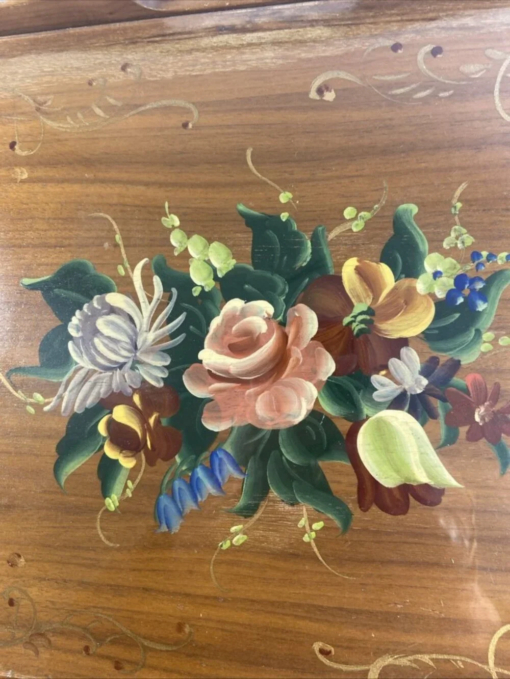 Vintage Wooden Serving Tray 12.5 x 13.75 Hand Painted Floral Scalloped Edges